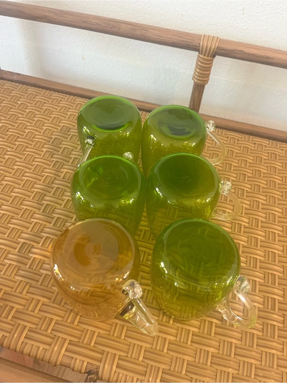 Vintage Mid-Century Modern Hand Blown Glass Supplied Handle Mugs Set Of Six